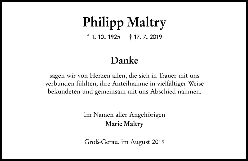  Traueranzeige für Philipp Maltry vom 10.08.2019 aus vrm-trauer