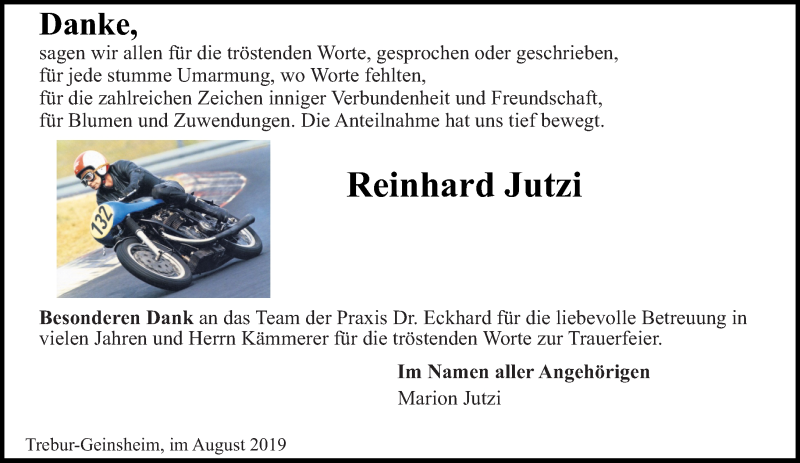  Traueranzeige für Reinhard Jutzi vom 10.08.2019 aus vrm-trauer
