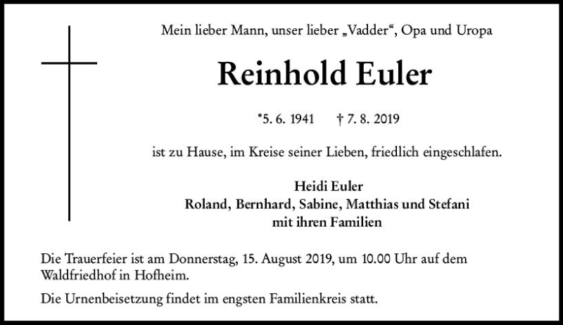  Traueranzeige für Reinhold Euler vom 13.08.2019 aus vrm-trauer