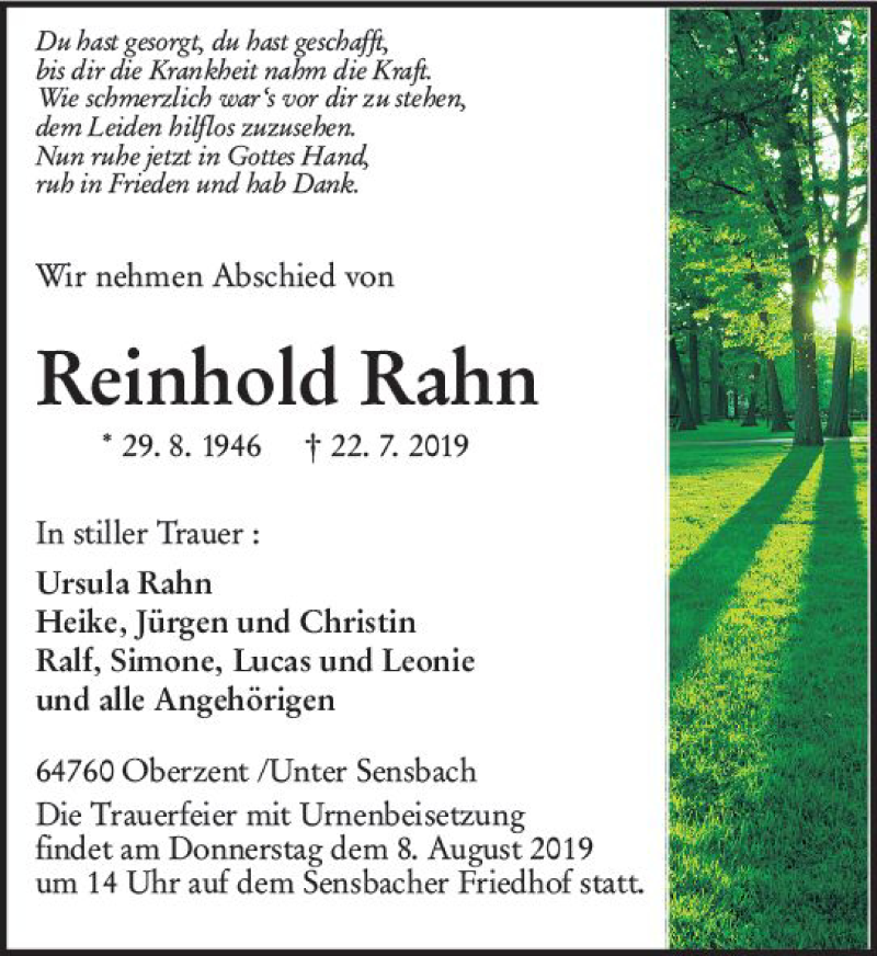  Traueranzeige für Reinhold Rahn vom 03.08.2019 aus vrm-trauer