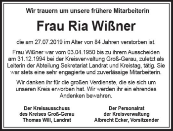 Traueranzeige von Ria Wißner von vrm-trauer