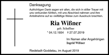Traueranzeige von Ria Wißner von vrm-trauer