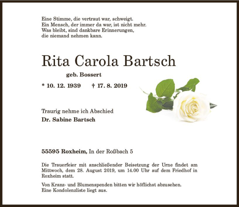  Traueranzeige für Rita Carola Bartsch vom 24.08.2019 aus vrm-trauer