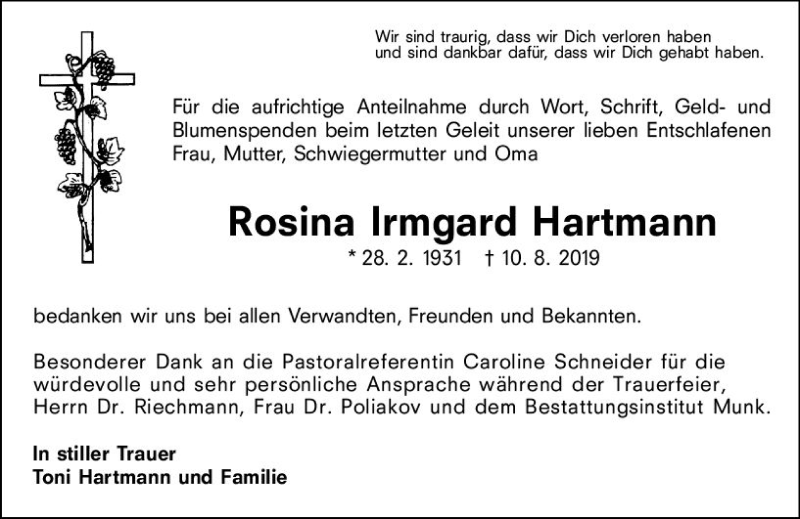  Traueranzeige für Rosina Irmgard Hartmann vom 30.08.2019 aus vrm-trauer