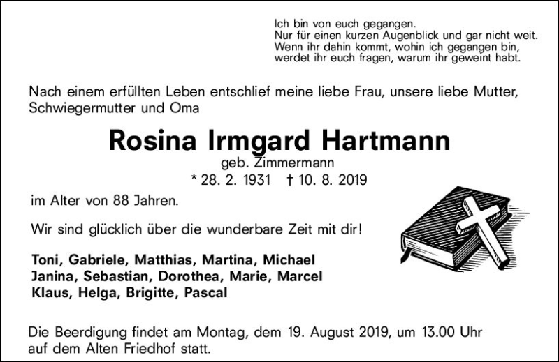  Traueranzeige für Rosina Irmgard Hartmann vom 16.08.2019 aus vrm-trauer