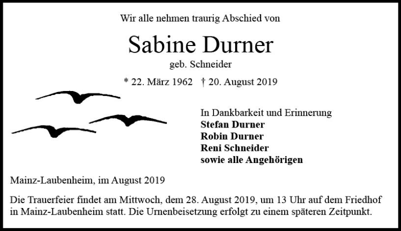  Traueranzeige für Sabine Durner vom 24.08.2019 aus vrm-trauer