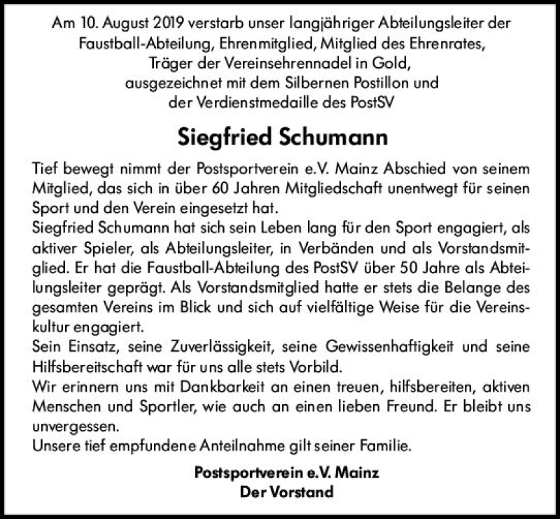  Traueranzeige für Siegfried Schumann vom 17.08.2019 aus vrm-trauer