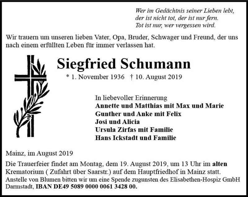  Traueranzeige für Siegfried Schumann vom 15.08.2019 aus vrm-trauer