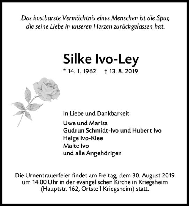  Traueranzeige für Silke Ivo-Ley vom 24.08.2019 aus vrm-trauer
