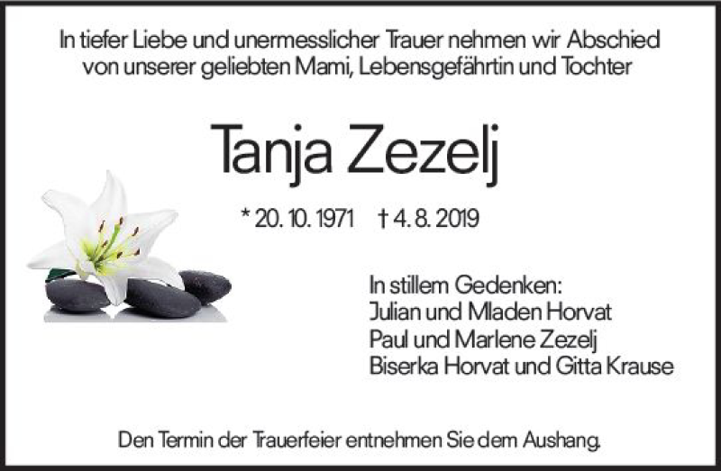  Traueranzeige für Tanja Zezelj vom 09.08.2019 aus vrm-trauer