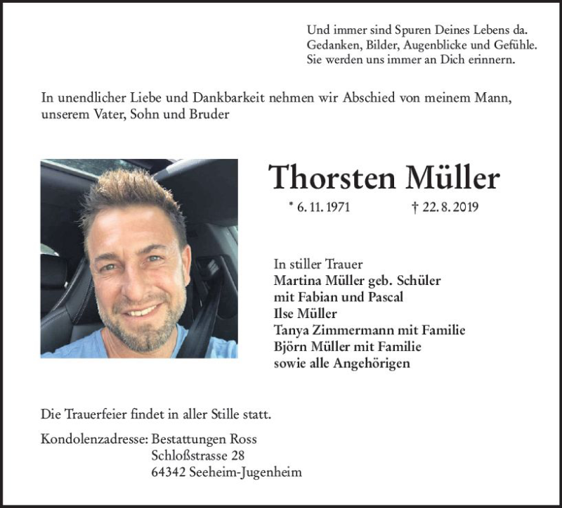  Traueranzeige für Thorsten Müller vom 31.08.2019 aus vrm-trauer