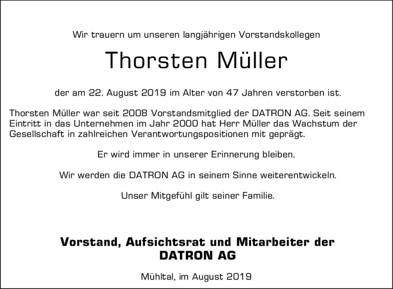  Traueranzeige für Thorsten Müller vom 27.08.2019 aus vrm-trauer