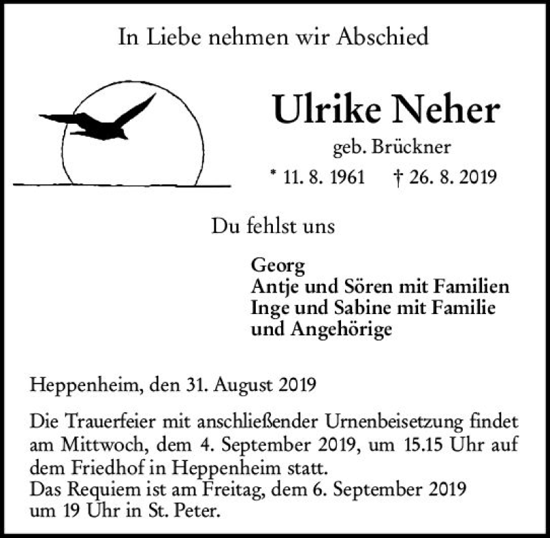  Traueranzeige für Ulrike Neher vom 31.08.2019 aus vrm-trauer