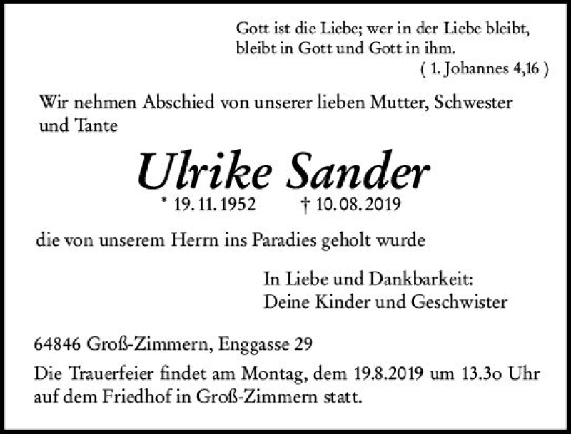  Traueranzeige für Ulrike Sander vom 15.08.2019 aus vrm-trauer