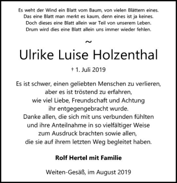 Traueranzeige von Ulrike Luise Holzenthal von vrm-trauer