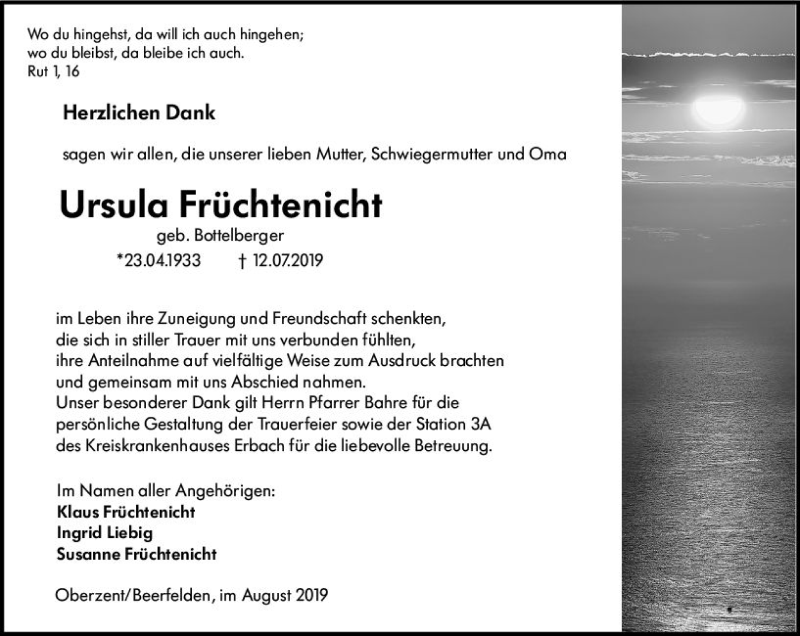  Traueranzeige für Ursula Früchtenicht vom 17.08.2019 aus vrm-trauer
