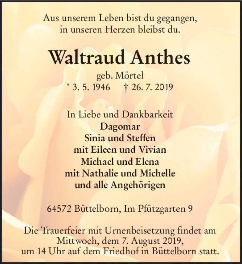  Traueranzeige für Waltraud Anthes vom 03.08.2019 aus vrm-trauer