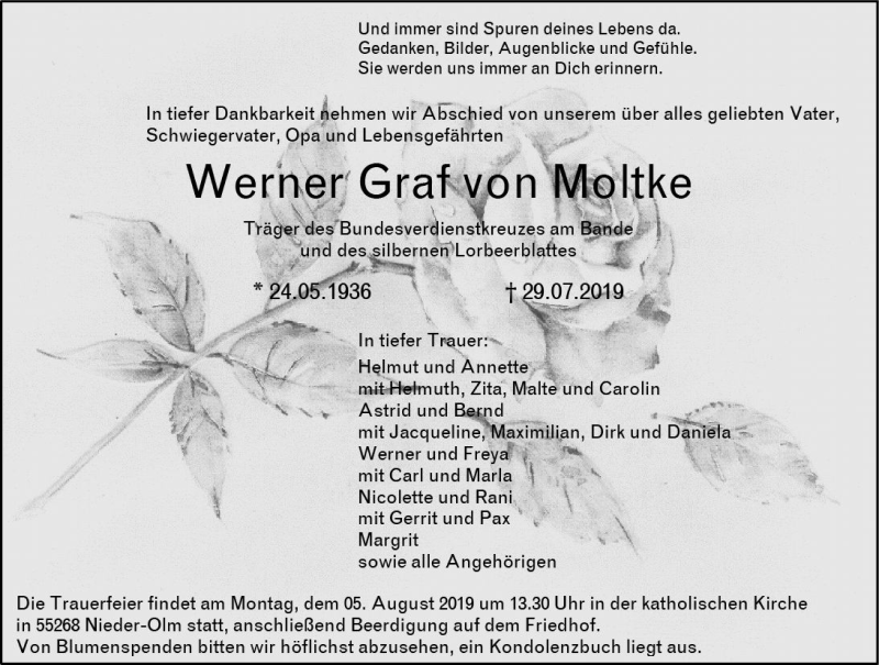  Traueranzeige für Werner Graf von Moltke vom 03.08.2019 aus vrm-trauer