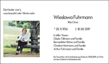 Traueranzeige von Wieslawa Fuhrmann von vrm-trauer