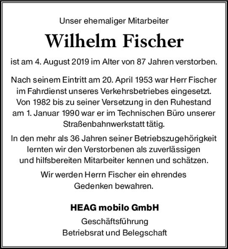  Traueranzeige für Wilhelm Fischer vom 13.08.2019 aus vrm-trauer