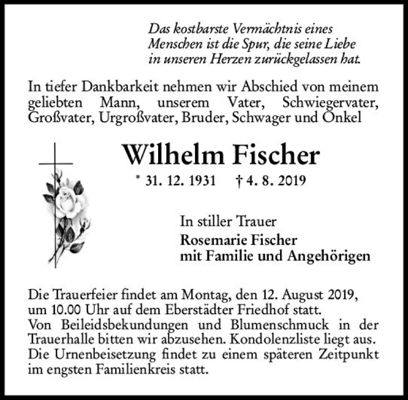  Traueranzeige für Wilhelm Fischer vom 10.08.2019 aus vrm-trauer