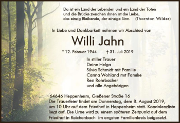 Traueranzeige von Willy Jahn von vrm-trauer