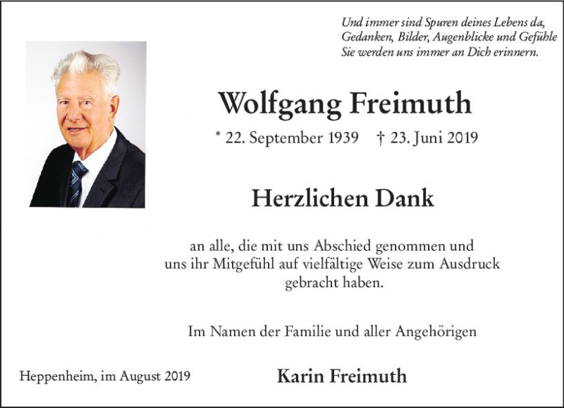  Traueranzeige für Wolfgang Freimuth vom 03.08.2019 aus vrm-trauer