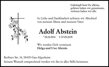 Traueranzeige von Adolf Abstein von vrm-trauer
