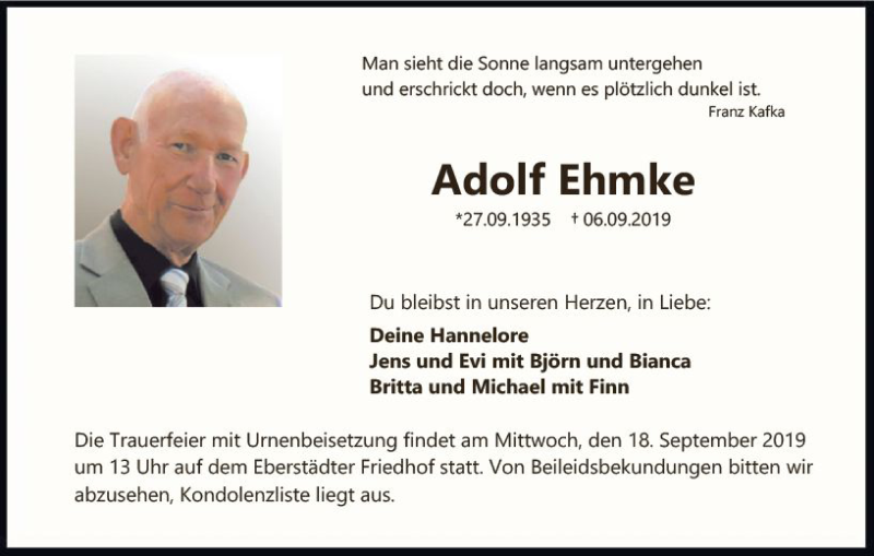  Traueranzeige für Adolf Ehmke vom 14.09.2019 aus vrm-trauer