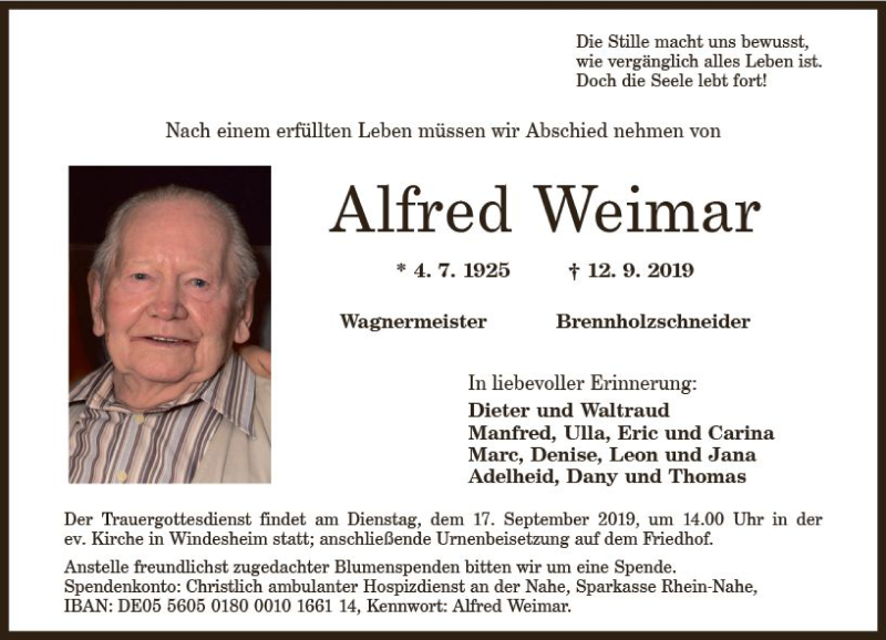  Traueranzeige für Alfred Weimar vom 14.09.2019 aus vrm-trauer