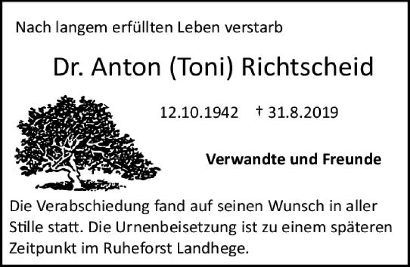  Traueranzeige für Anton Richtscheid vom 14.09.2019 aus vrm-trauer