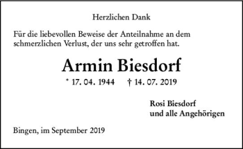 Traueranzeige von Armin Biesdorf von vrm-trauer