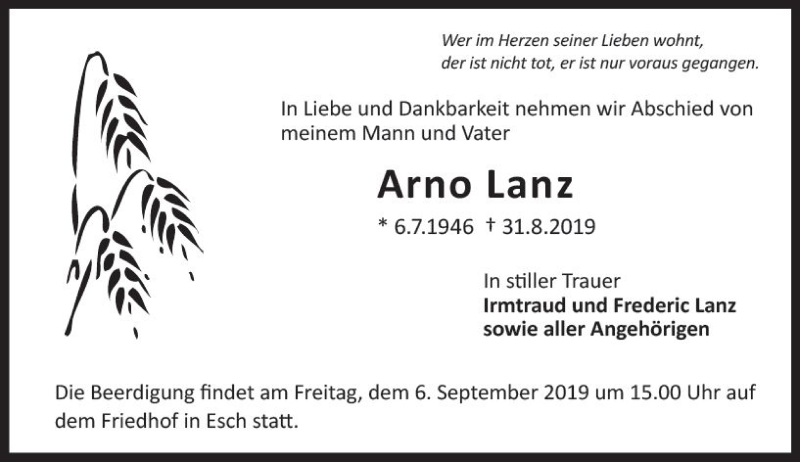  Traueranzeige für Arno Lanz vom 04.09.2019 aus vrm-trauer
