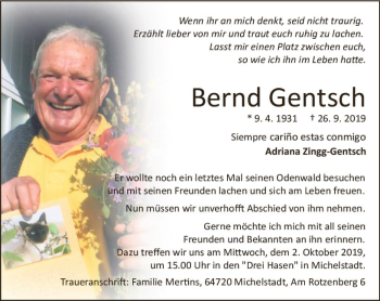 Traueranzeige von Bernd Gentsch von vrm-trauer