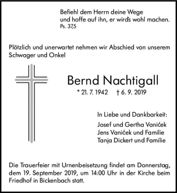 Traueranzeige von Bernd Nachtigall von vrm-trauer