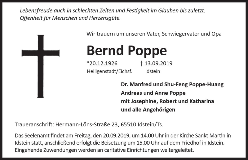  Traueranzeige für Bernd Poppe vom 17.09.2019 aus vrm-trauer