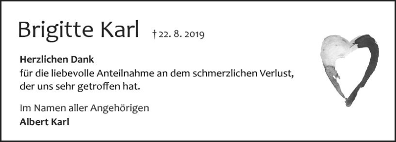  Traueranzeige für Brigitte Karl vom 14.09.2019 aus vrm-trauer