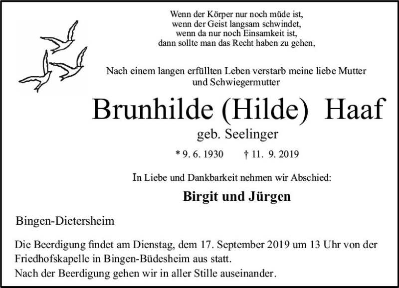  Traueranzeige für Brunhilde Haaf vom 14.09.2019 aus vrm-trauer