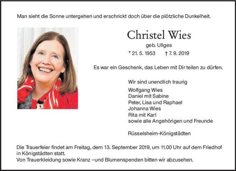  Traueranzeige für Christel Wies vom 11.09.2019 aus vrm-trauer