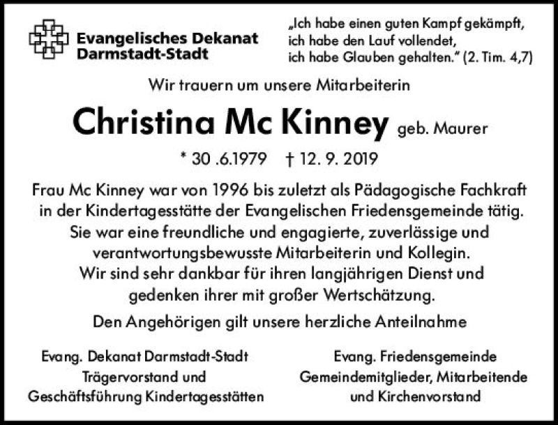  Traueranzeige für Christina Mc Kinney vom 21.09.2019 aus vrm-trauer
