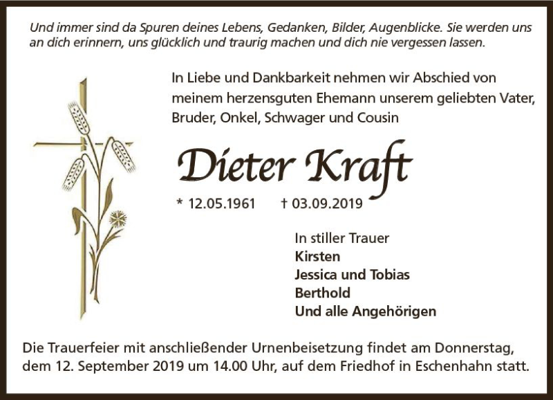  Traueranzeige für Dieter Kraft vom 07.09.2019 aus vrm-trauer