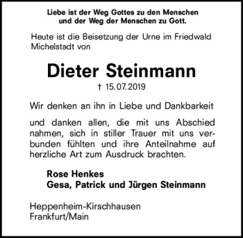 Traueranzeige von Dieter Steinmann von vrm-trauer