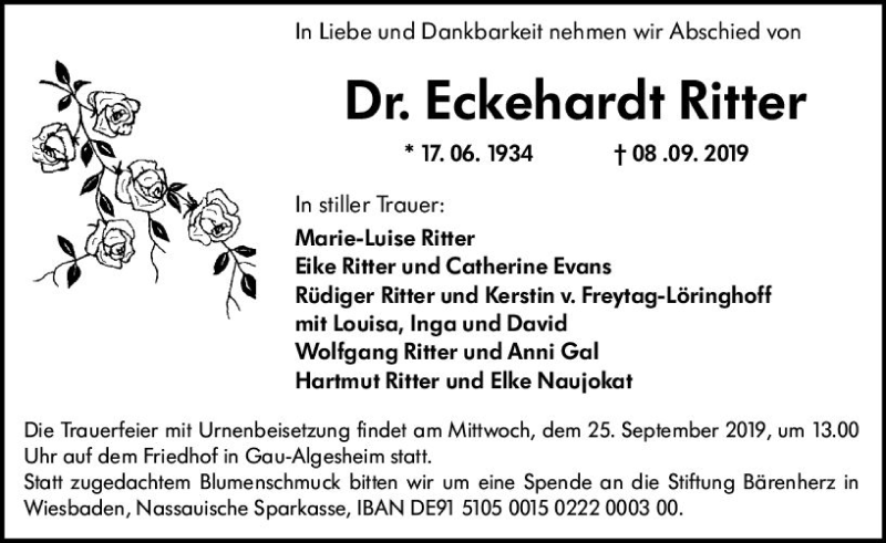  Traueranzeige für Eckehardt Ritter vom 21.09.2019 aus vrm-trauer