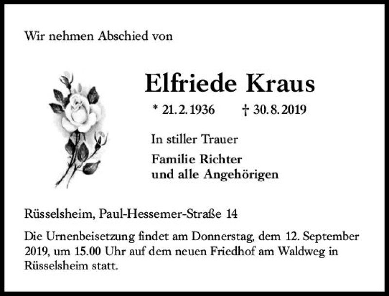  Traueranzeige für Elfriede Kraus vom 07.09.2019 aus vrm-trauer