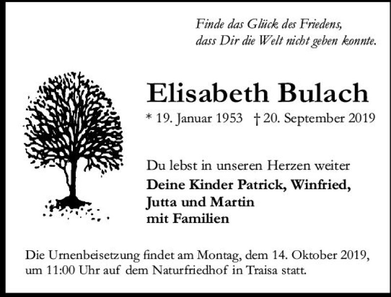  Traueranzeige für Elisabeth Bulach vom 28.09.2019 aus vrm-trauer