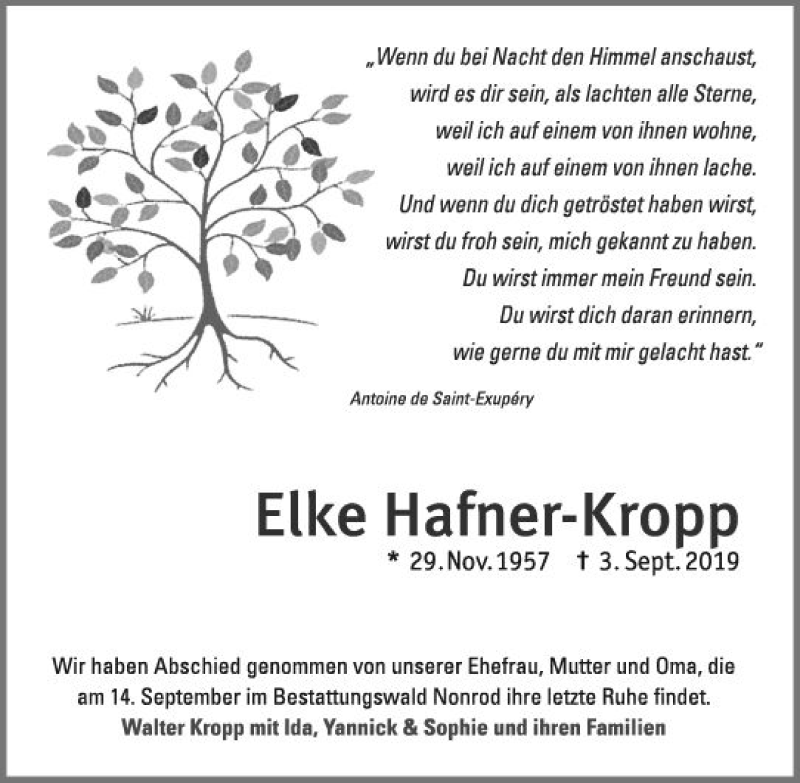  Traueranzeige für Elke Hafner-Kropp vom 14.09.2019 aus vrm-trauer