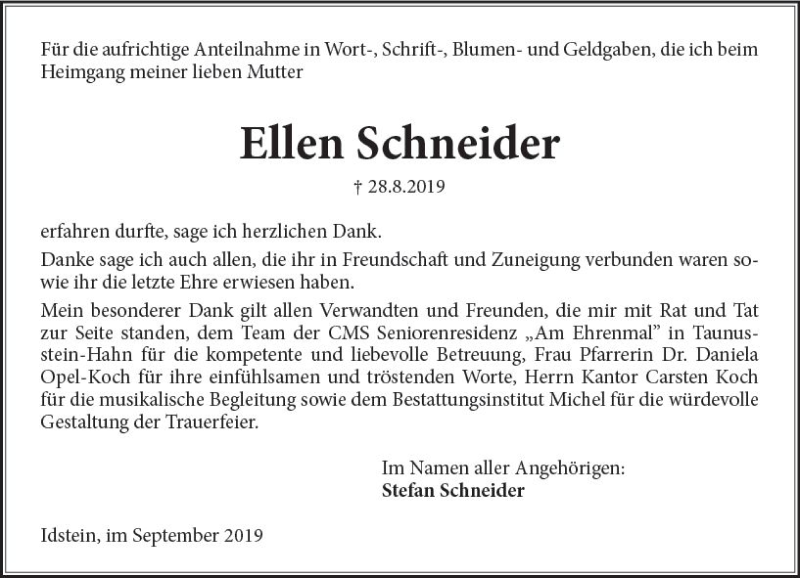  Traueranzeige für Ellen Schneider vom 21.09.2019 aus vrm-trauer