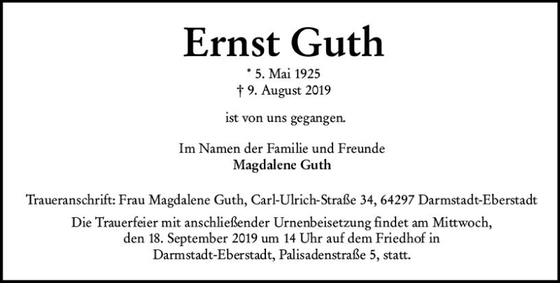  Traueranzeige für Ernst Guth vom 07.09.2019 aus vrm-trauer