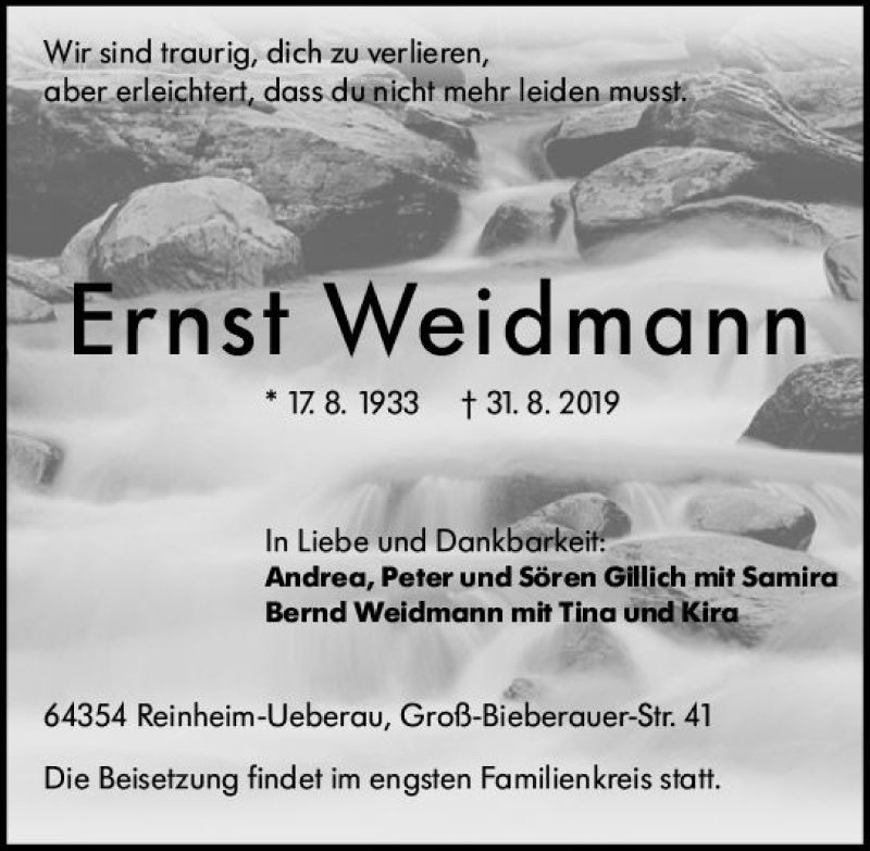  Traueranzeige für Ernst Weidmann vom 07.09.2019 aus vrm-trauer