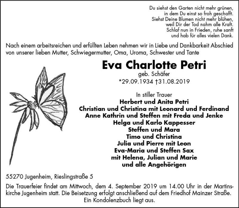 Traueranzeige für Eva Charlotte Petri vom 02.09.2019 aus vrm-trauer